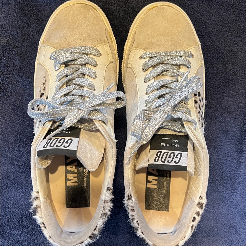 Golden Goose May Suede White Sneakers w/ Leopard Cheetah Print Star 38, US 8